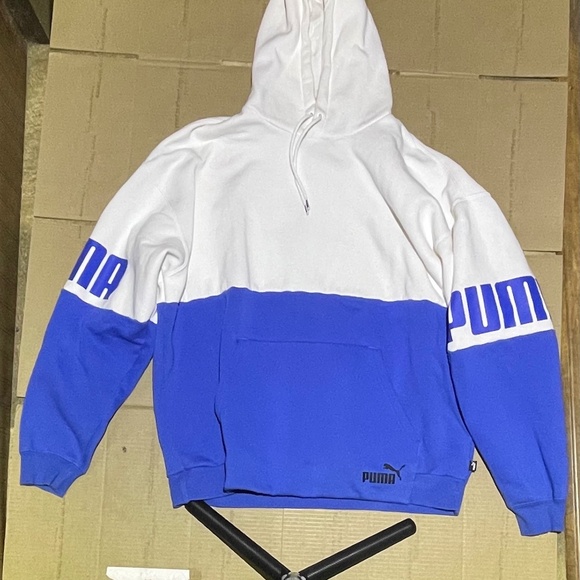 Puma Hoodie Men's XL Sweatshirt Pullover Blue White Colorblock Big Spellout Logo - Picture 1 of 6